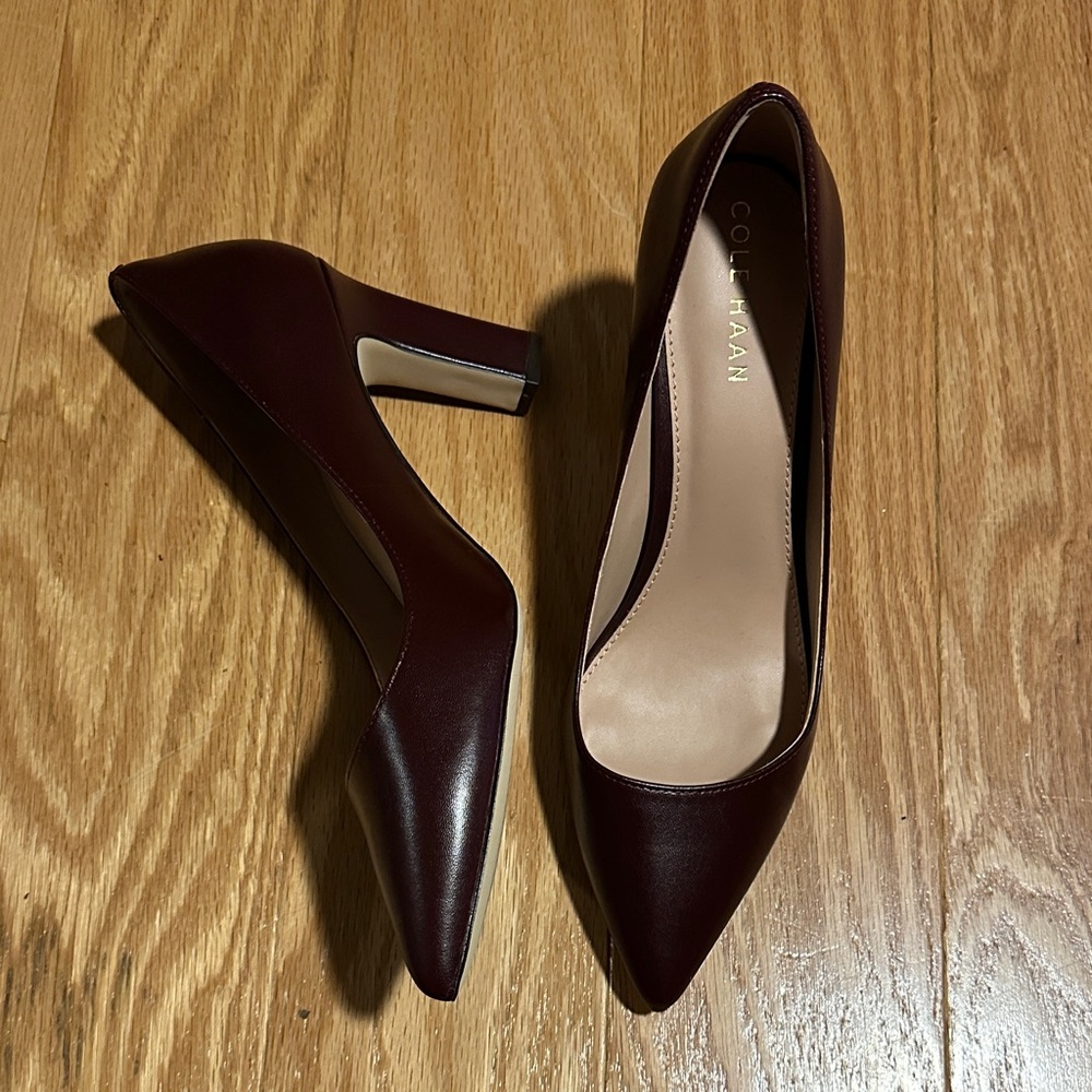 Cole Haan Burgundy Pointed Leather Pumps with Block Heel NWOT